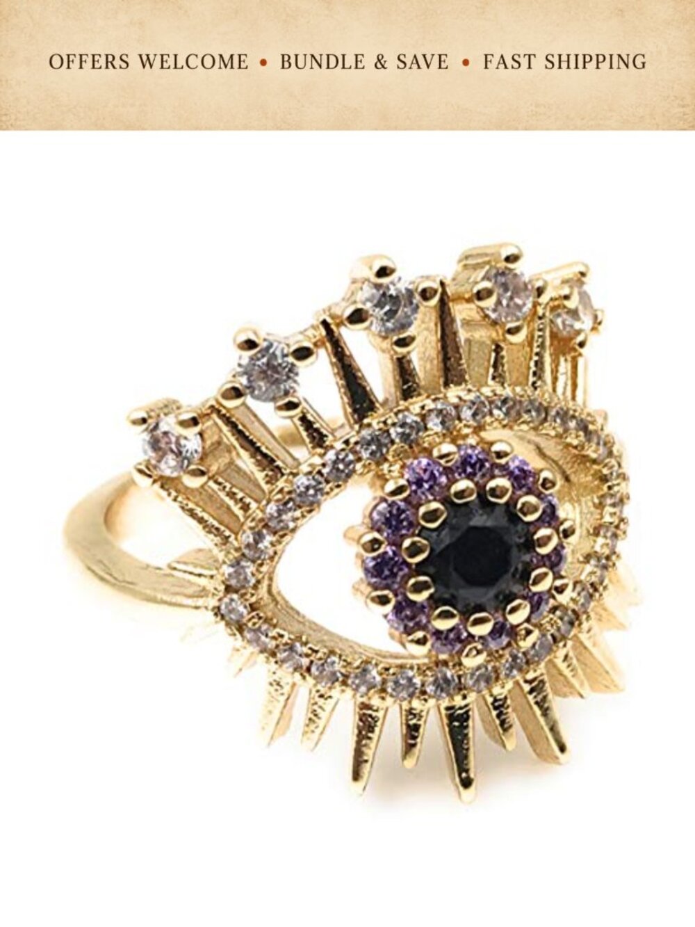 18K Gold Plated Evil Eye Ring Cubic Zirconia Adjustable Statement